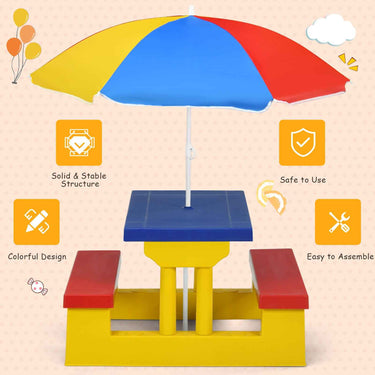 Kids Picnic Table Set Bench w/ Removable Umbrella Patio Yard, Mixed Color Plastic